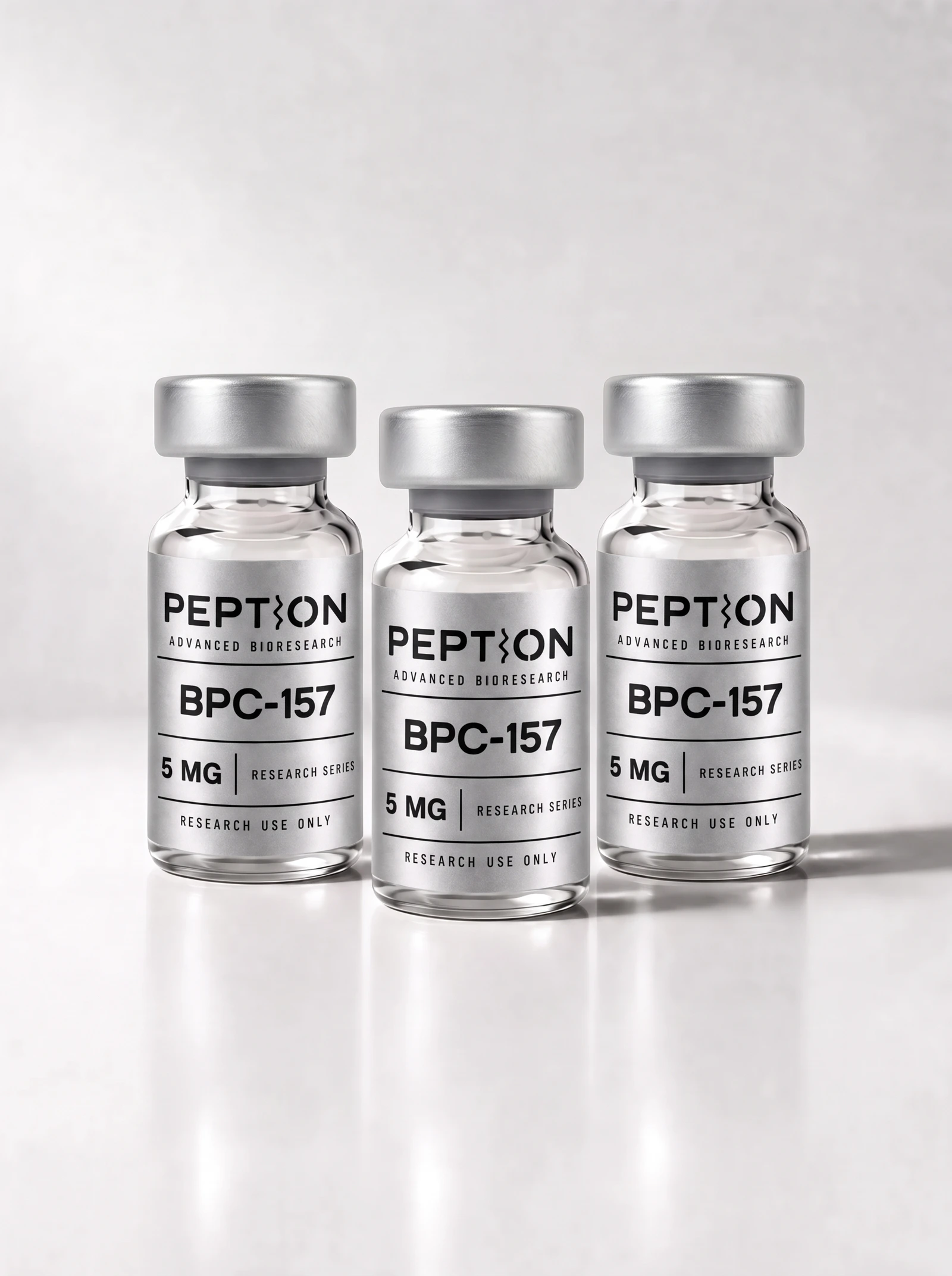 Vial PEPTION BPC-157 de 5 mg con etiqueta gris