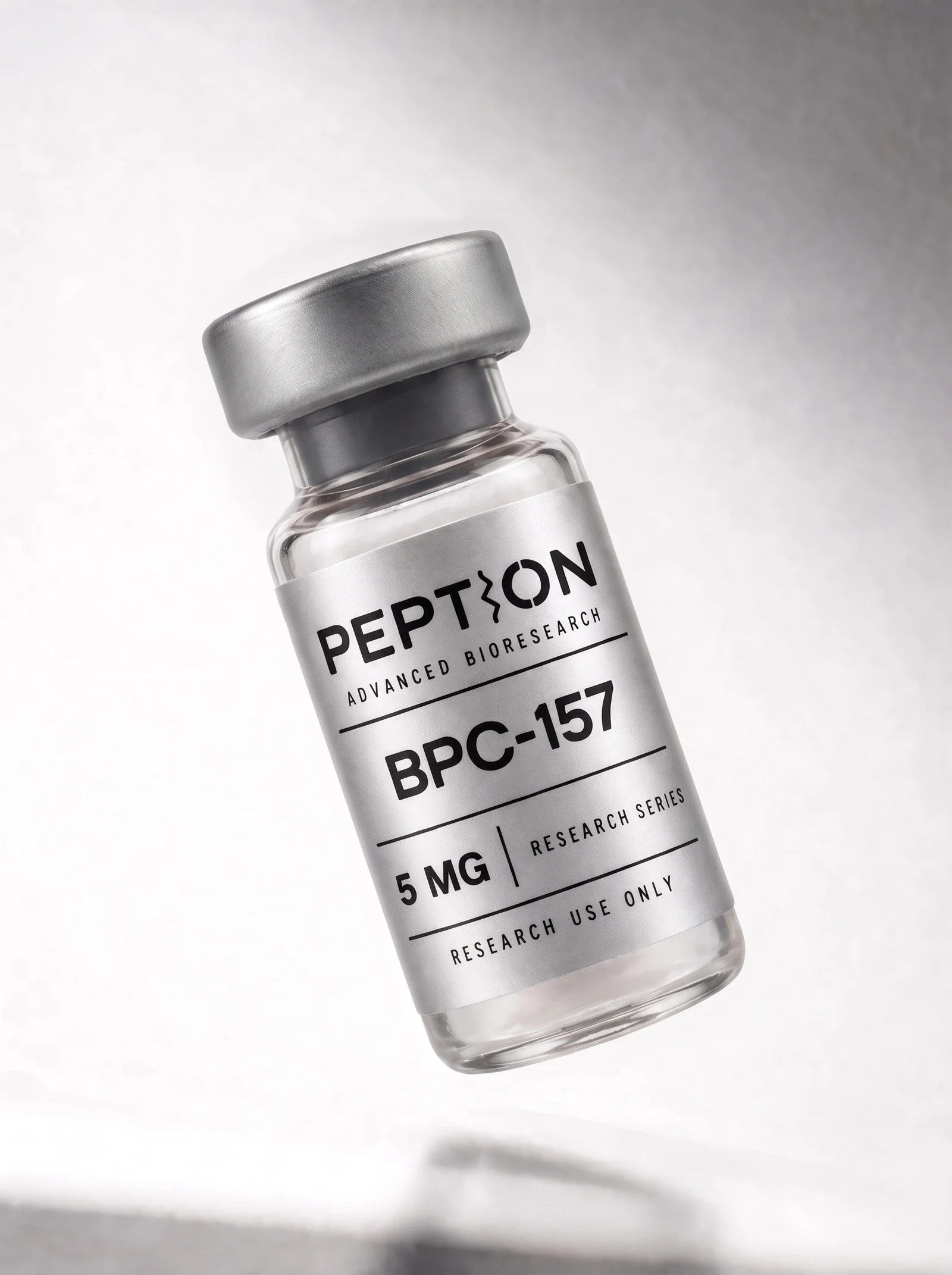 Vial PEPTION BPC-157 de 5 mg con etiqueta gris